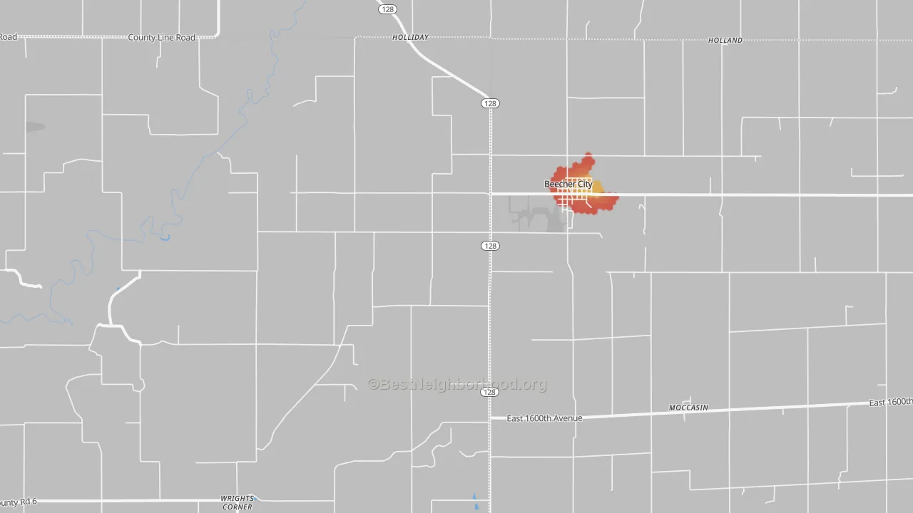 Walk Grade map of 62414, IL, walkable areas in green and car-dependent areas in red