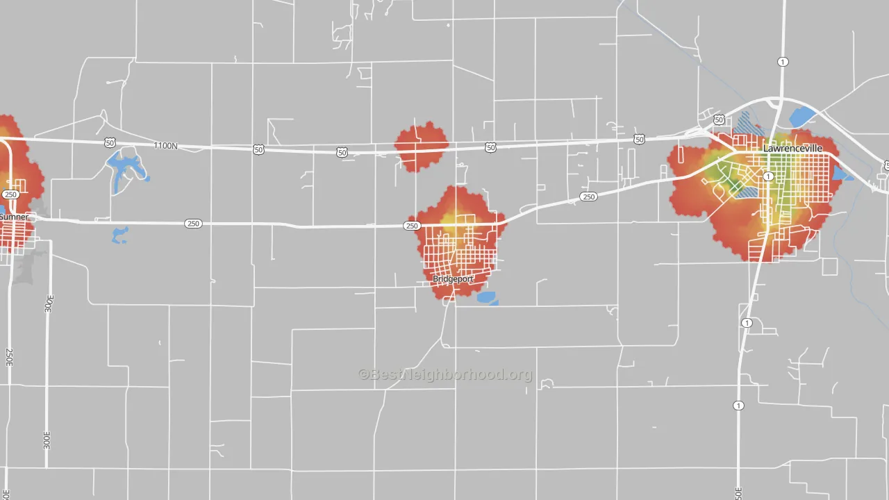 Walk Grade map of 62417, IL, walkable areas in green and car-dependent areas in red