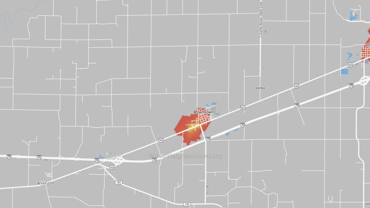 Walk Grade map of 62418, IL, walkable areas in green and car-dependent areas in red