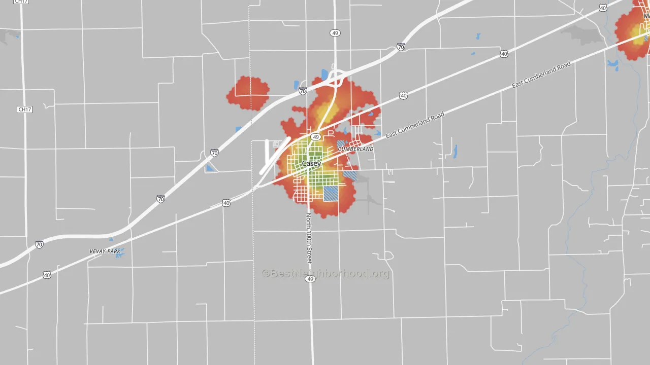 Walk Grade map of 62420, IL, walkable areas in green and car-dependent areas in red