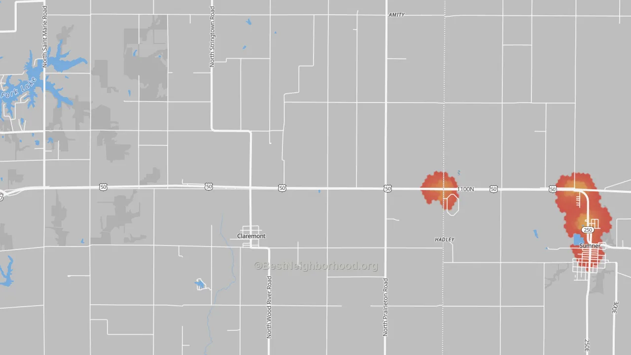 Walk Grade map of 62421, IL, walkable areas in green and car-dependent areas in red