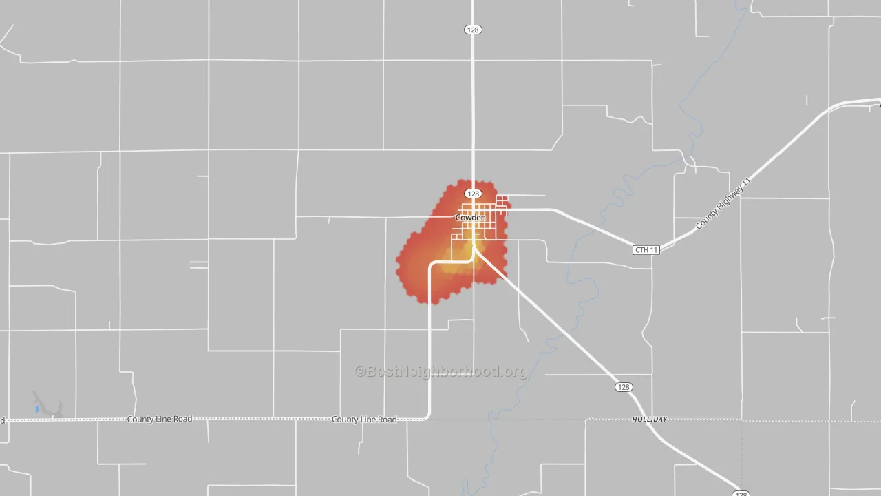 Walk Grade map of 62422, IL, walkable areas in green and car-dependent areas in red