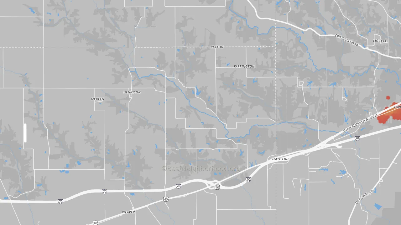 Walk Grade map of 62423, IL, walkable areas in green and car-dependent areas in red