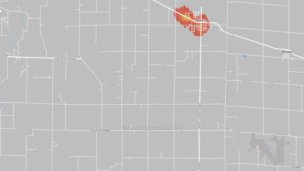 Walk Grade map of 62424, IL, walkable areas in green and car-dependent areas in red
