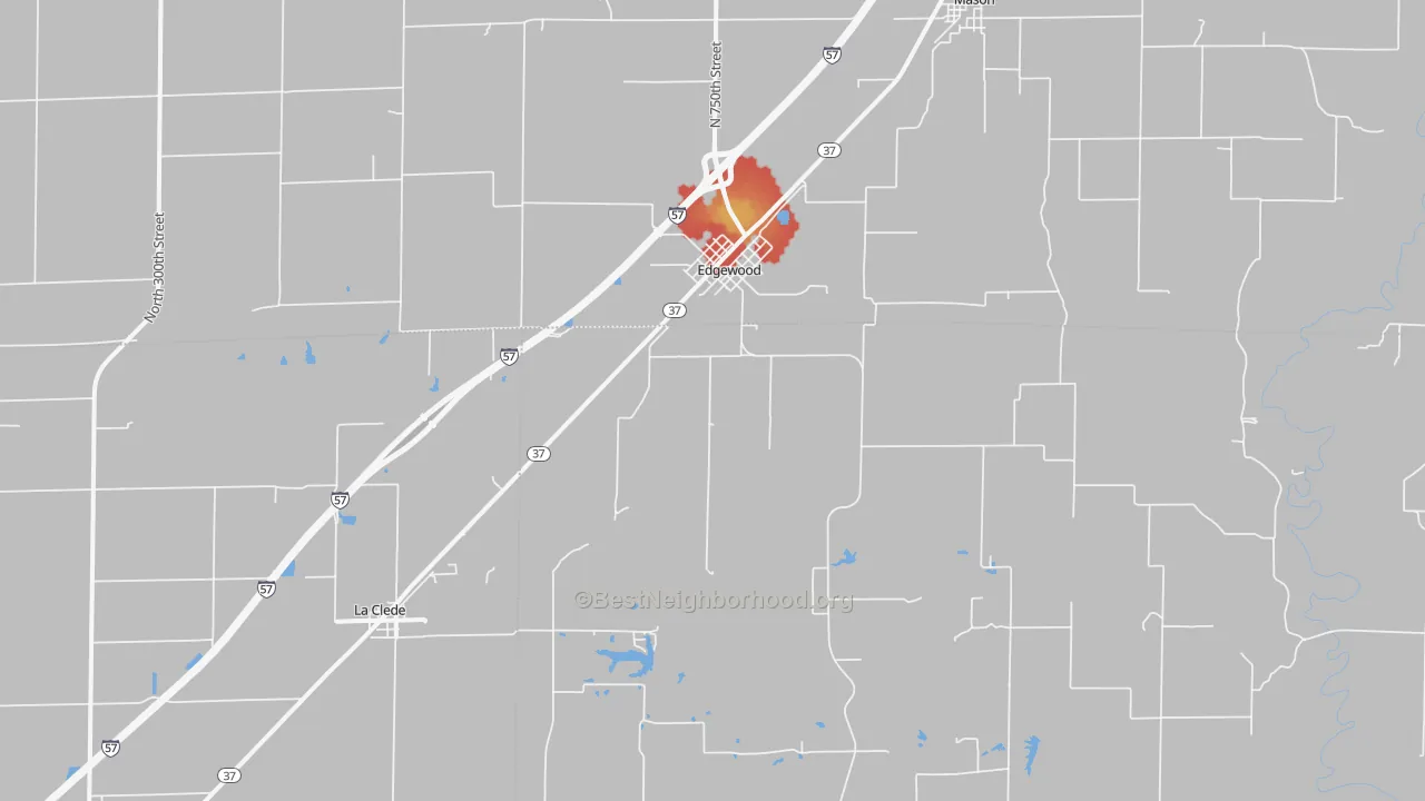 Walk Grade map of 62426, IL, walkable areas in green and car-dependent areas in red