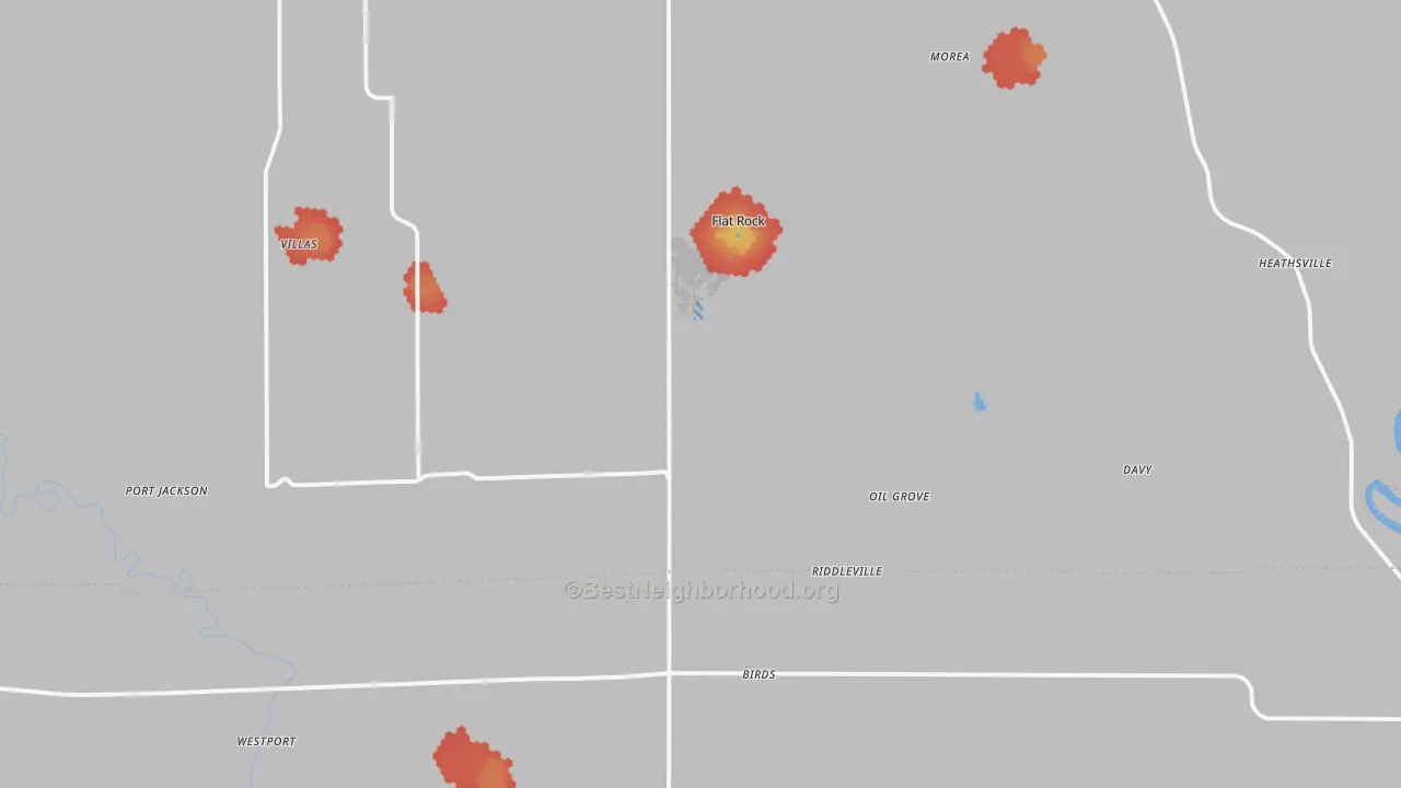 Walk Grade map of 62427, IL, walkable areas in green and car-dependent areas in red