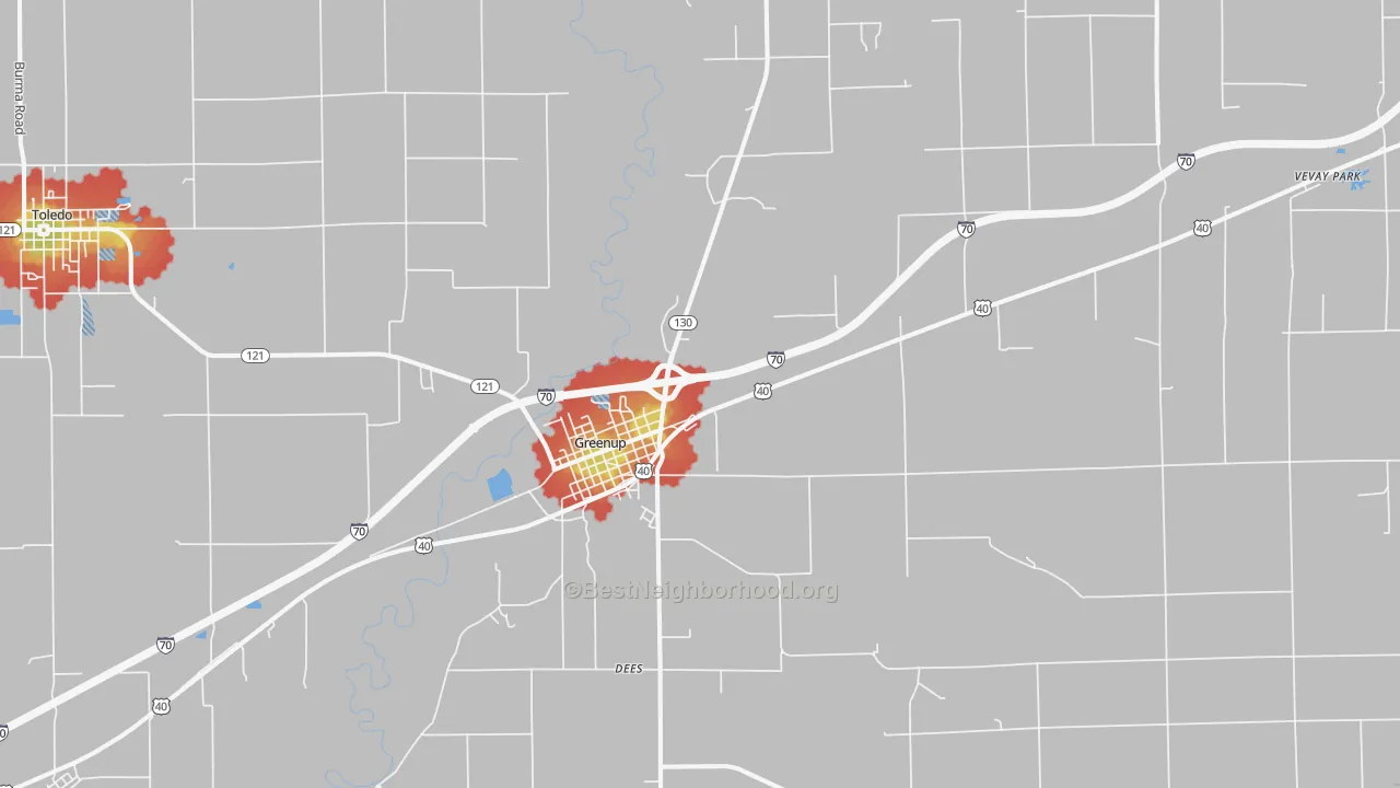 Walk Grade map of 62428, IL, walkable areas in green and car-dependent areas in red