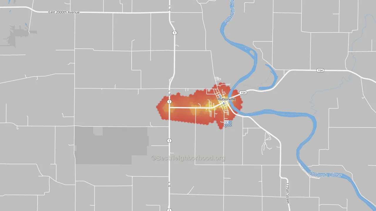 Walk Grade map of 62433, IL, walkable areas in green and car-dependent areas in red