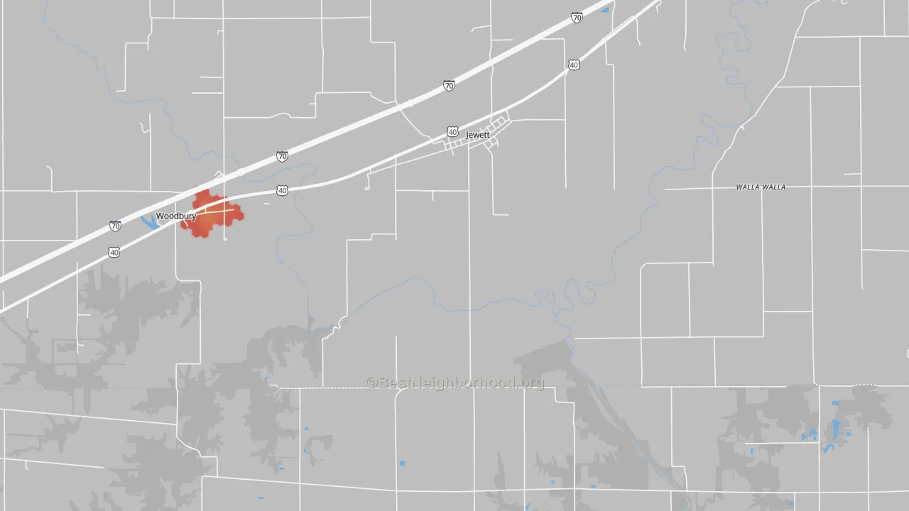 Walk Grade map of 62436, IL, walkable areas in green and car-dependent areas in red