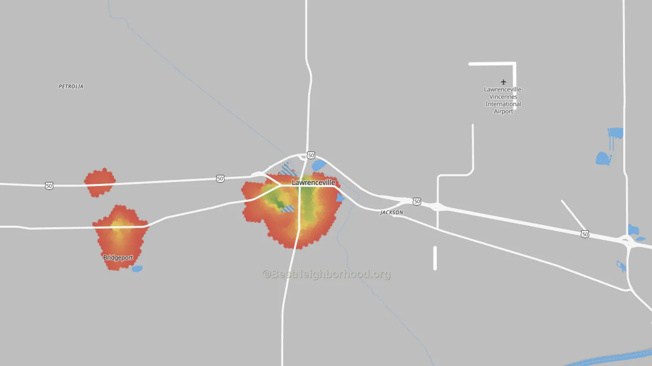 Walk Grade map of 62439, IL, walkable areas in green and car-dependent areas in red