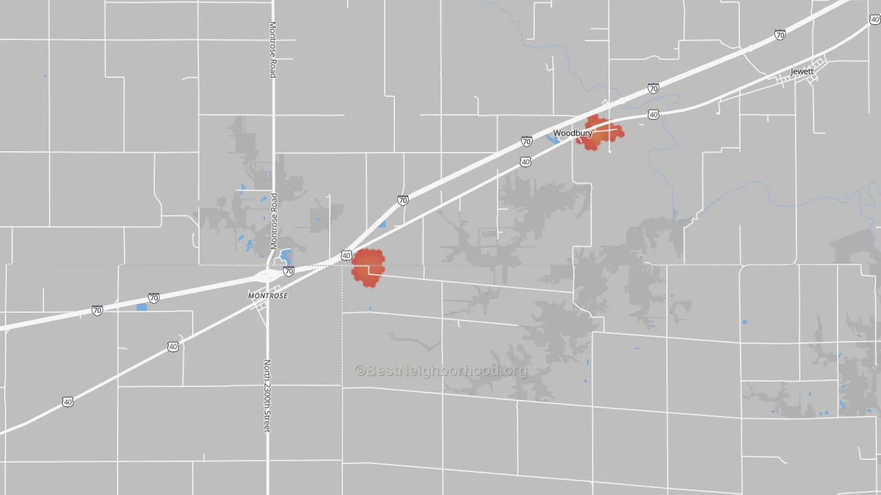 Walk Grade map of 62445, IL, walkable areas in green and car-dependent areas in red
