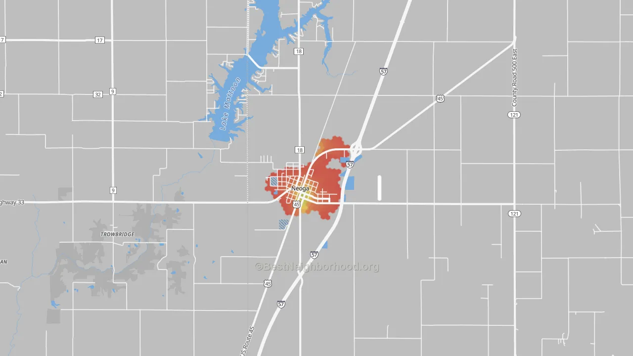Walk Grade map of 62447, IL, walkable areas in green and car-dependent areas in red