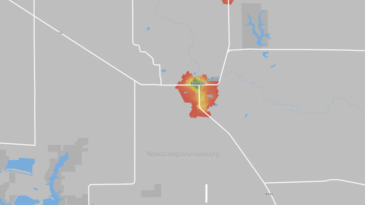 Walk Grade map of 62448, IL, walkable areas in green and car-dependent areas in red