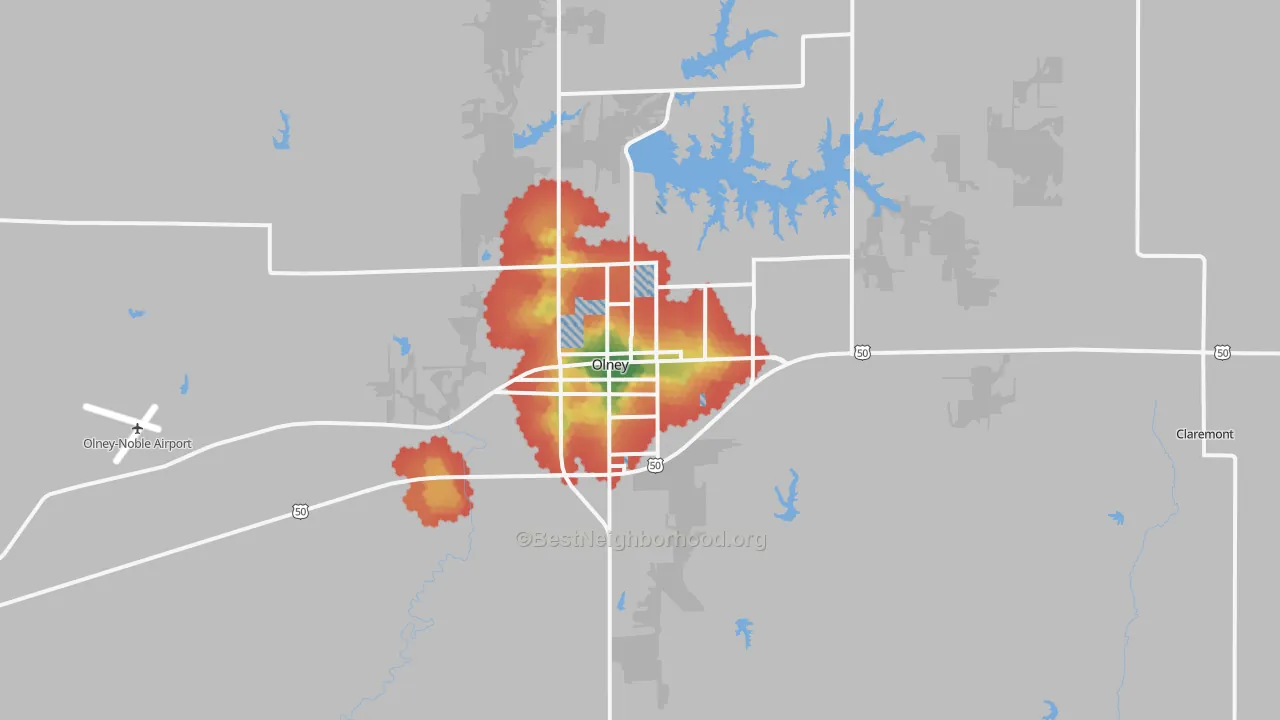 Walk Grade map of 62450, IL, walkable areas in green and car-dependent areas in red