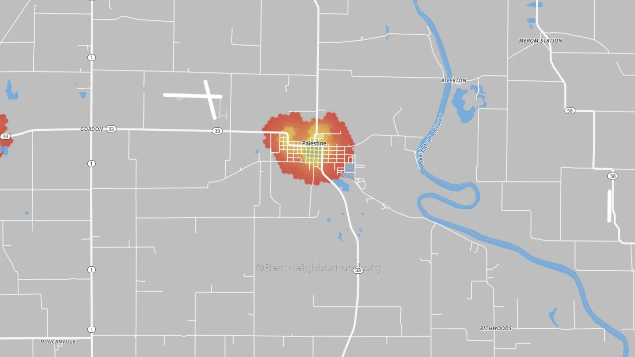 Walk Grade map of 62451, IL, walkable areas in green and car-dependent areas in red