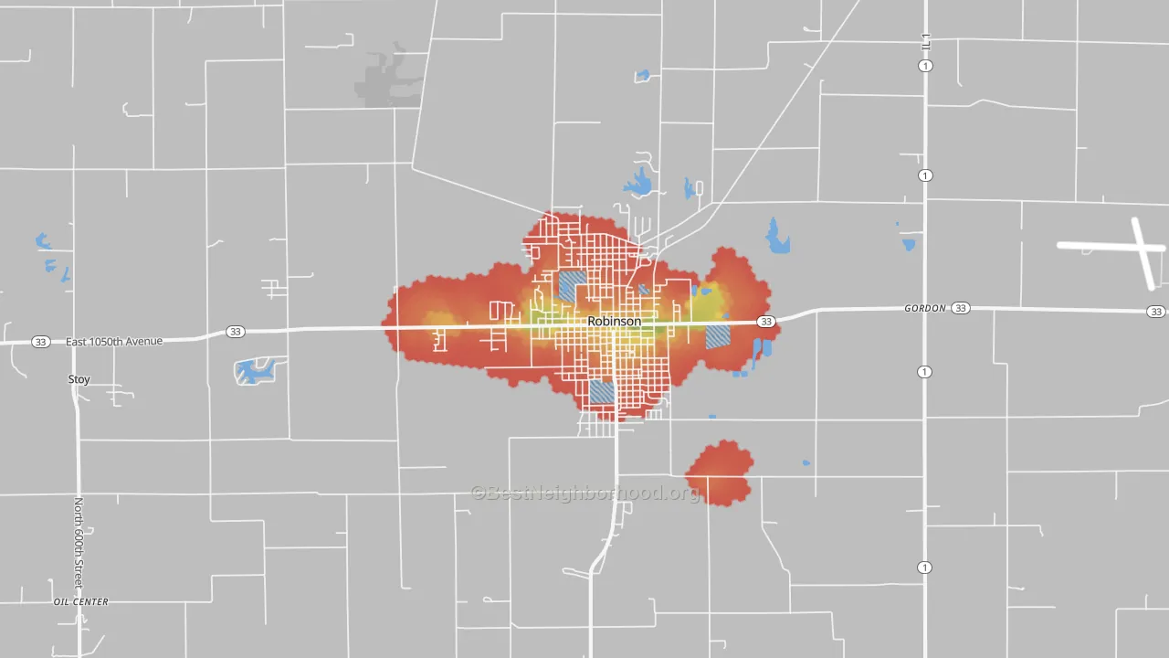 Walk Grade map of 62454, IL, walkable areas in green and car-dependent areas in red
