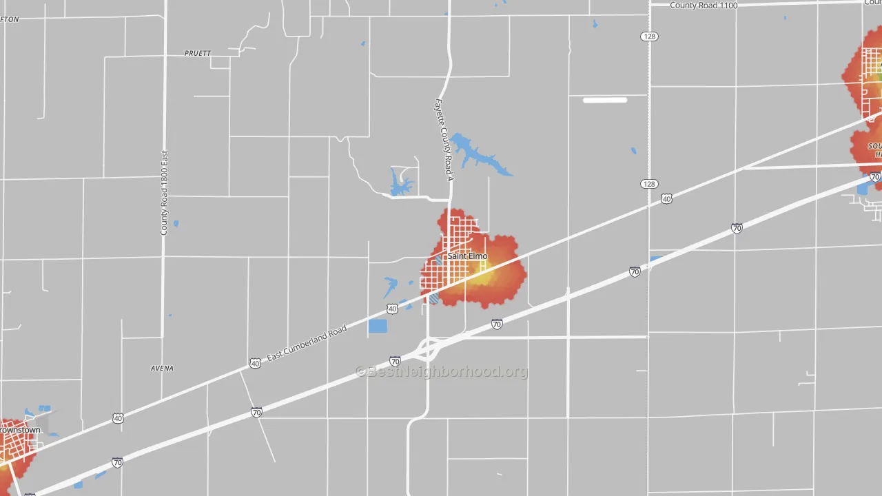 Walk Grade map of 62458, IL, walkable areas in green and car-dependent areas in red