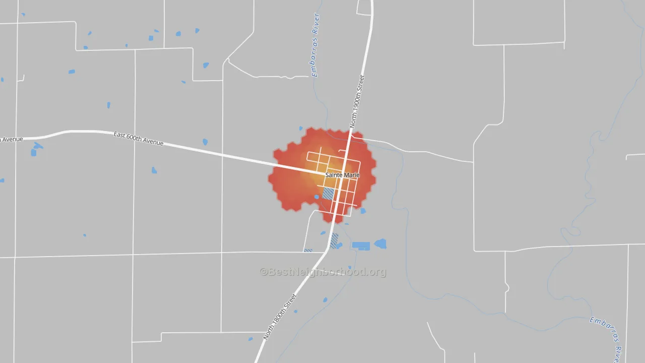 Walk Grade map of 62459, IL, walkable areas in green and car-dependent areas in red