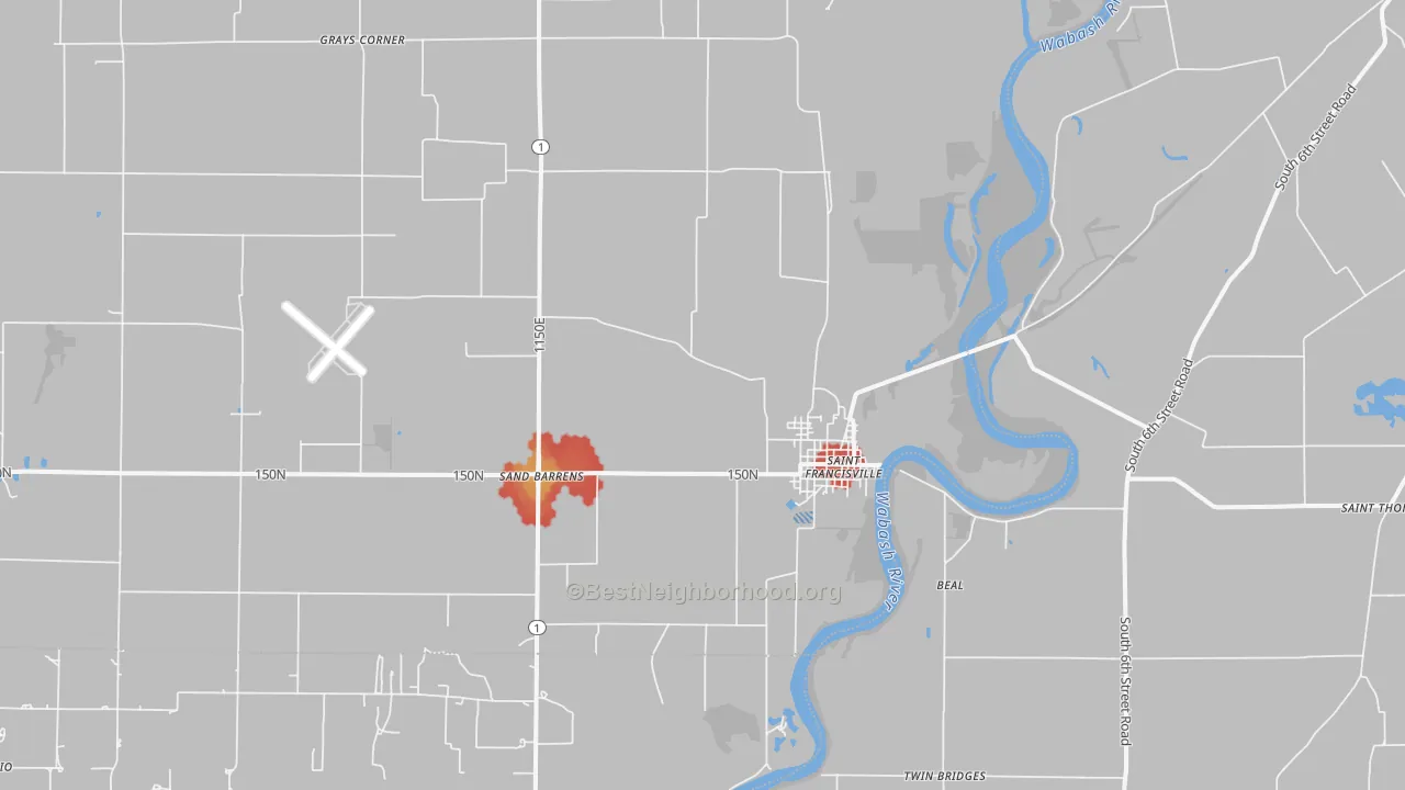 Walk Grade map of 62460, IL, walkable areas in green and car-dependent areas in red