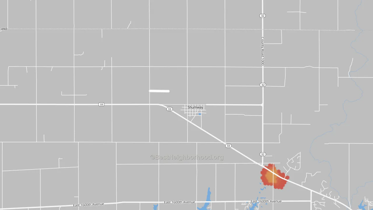 Walk Grade map of 62461, IL, walkable areas in green and car-dependent areas in red