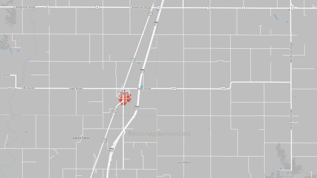 Walk Grade map of 62462, IL, walkable areas in green and car-dependent areas in red