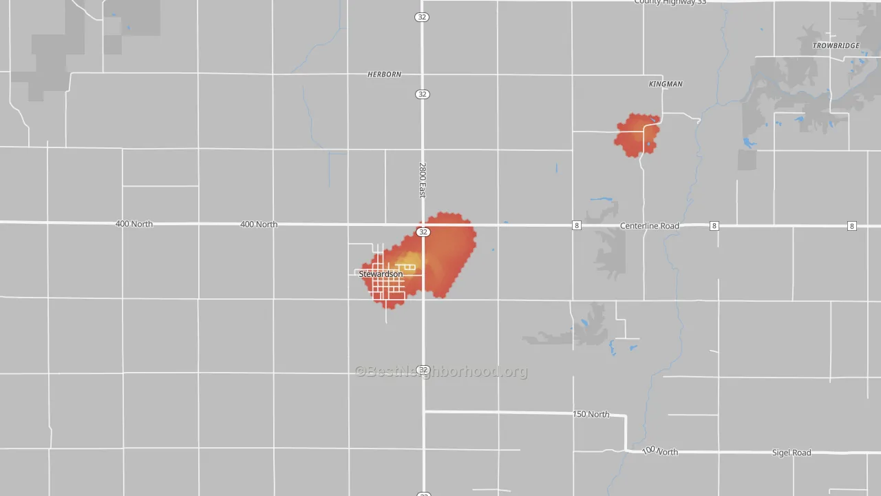 Walk Grade map of 62463, IL, walkable areas in green and car-dependent areas in red