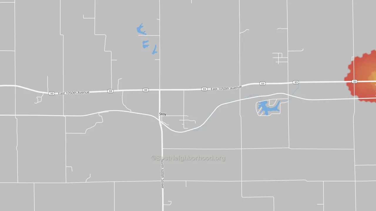 Walk Grade map of 62464, IL, walkable areas in green and car-dependent areas in red