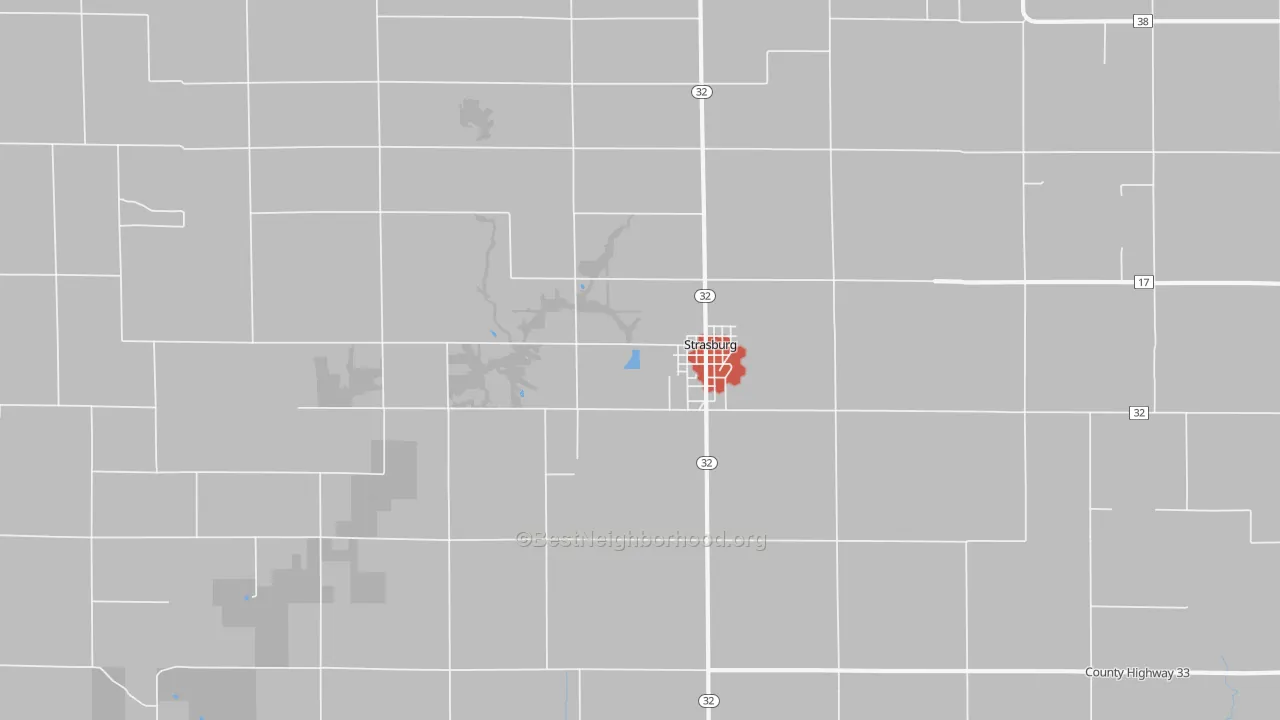 Walk Grade map of 62465, IL, walkable areas in green and car-dependent areas in red