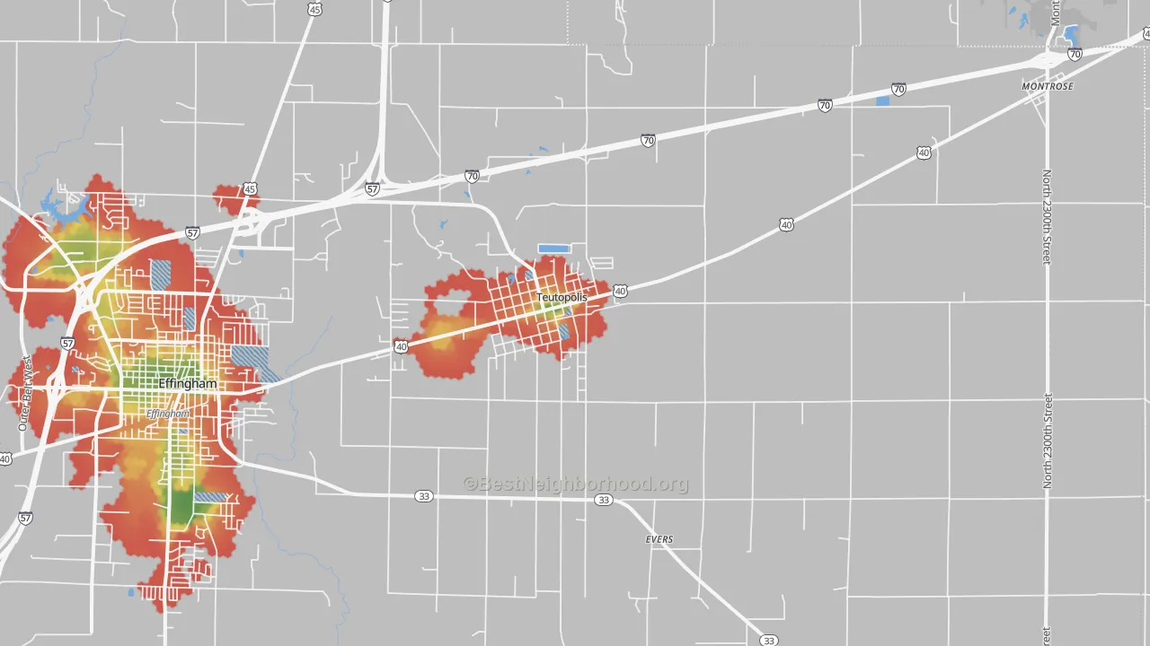 Walk Grade map of 62467, IL, walkable areas in green and car-dependent areas in red