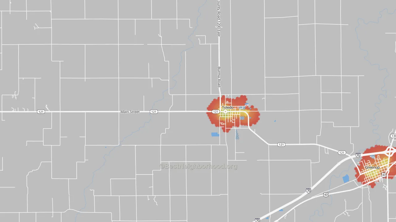Walk Grade map of 62468, IL, walkable areas in green and car-dependent areas in red