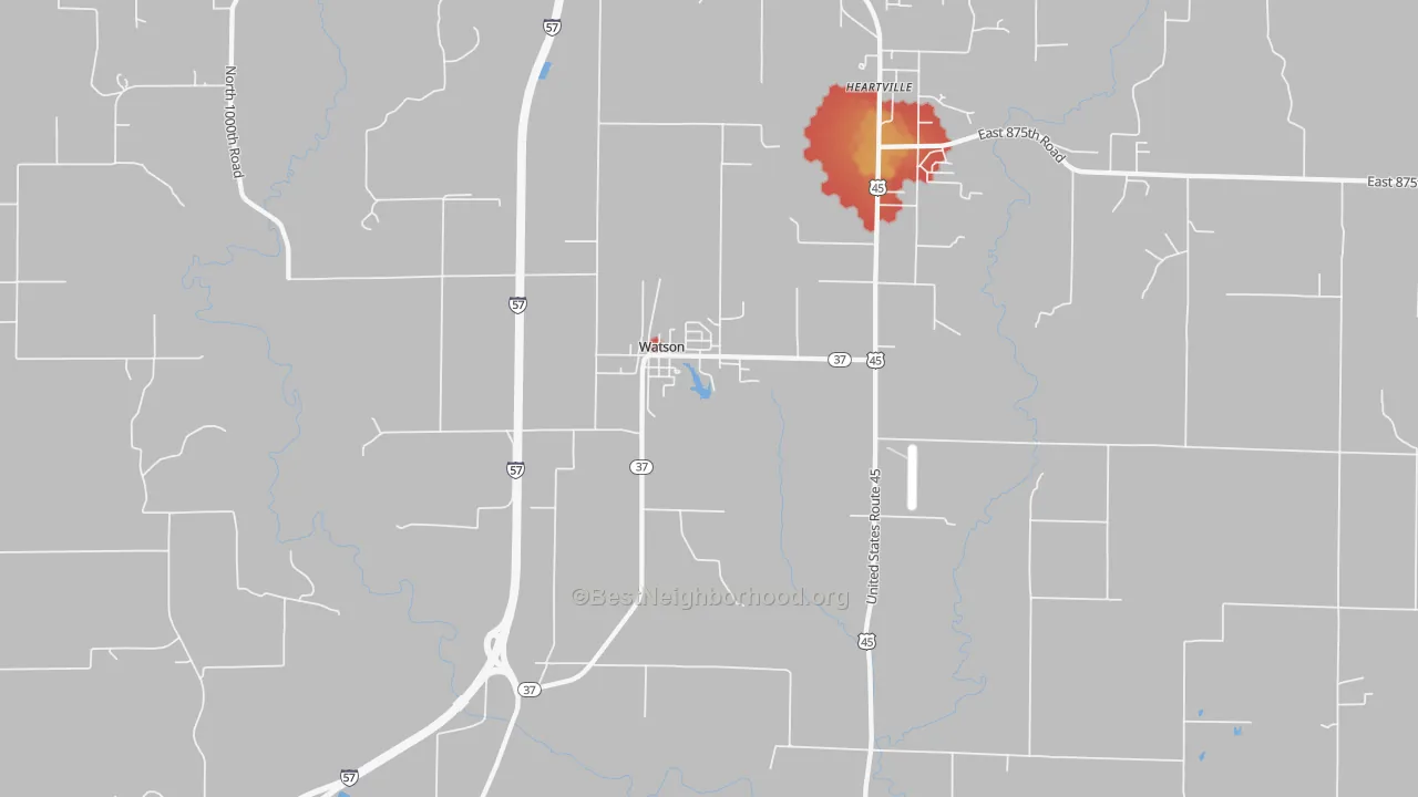 Walk Grade map of 62473, IL, walkable areas in green and car-dependent areas in red