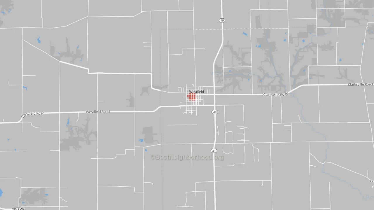 Walk Grade map of 62474, IL, walkable areas in green and car-dependent areas in red