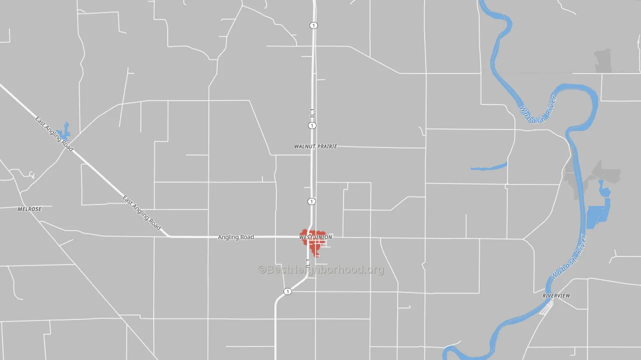 Walk Grade map of 62477, IL, walkable areas in green and car-dependent areas in red