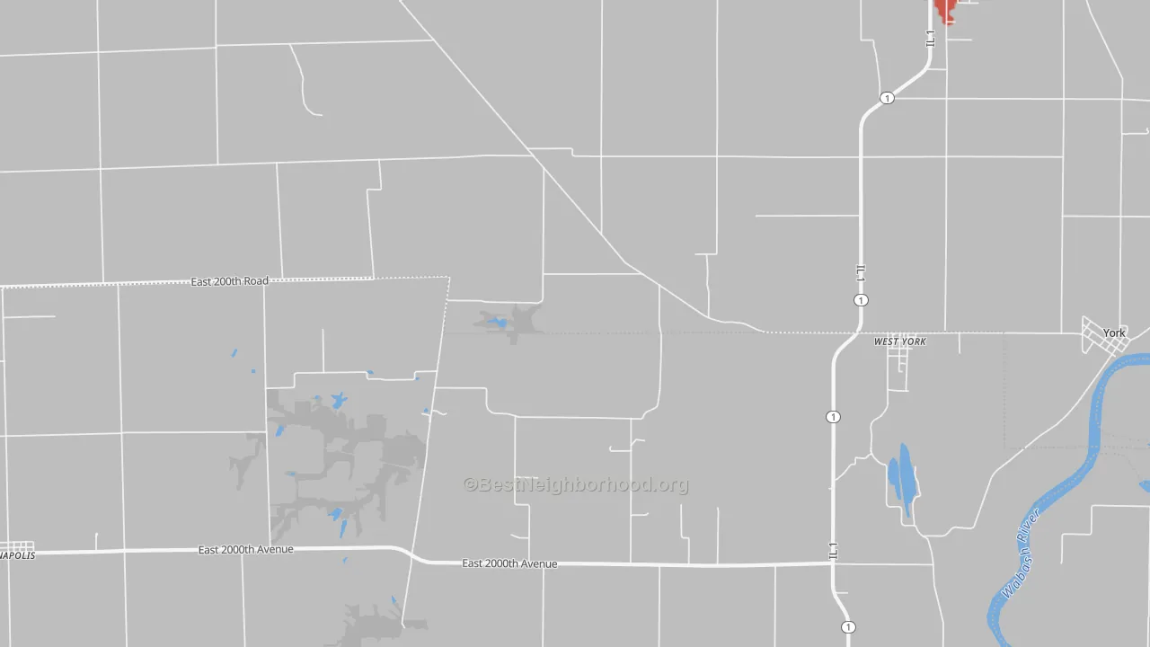 Walk Grade map of 62478, IL, walkable areas in green and car-dependent areas in red
