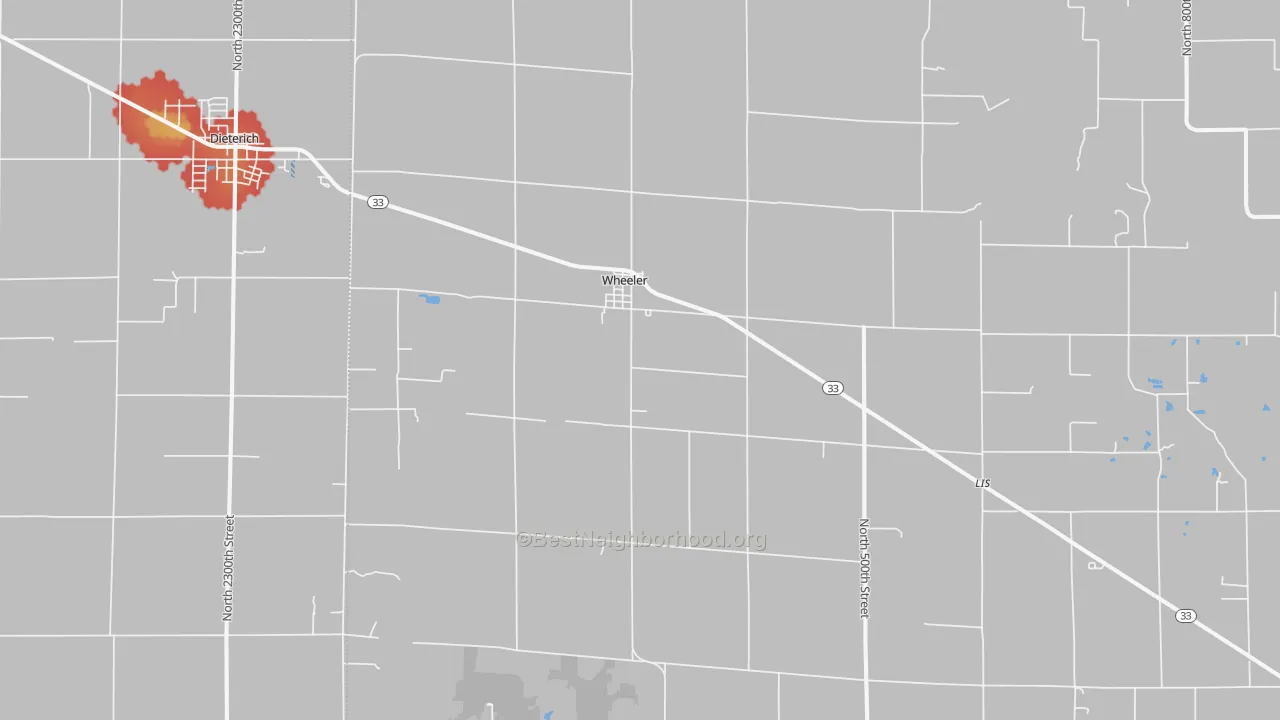 Walk Grade map of 62479, IL, walkable areas in green and car-dependent areas in red