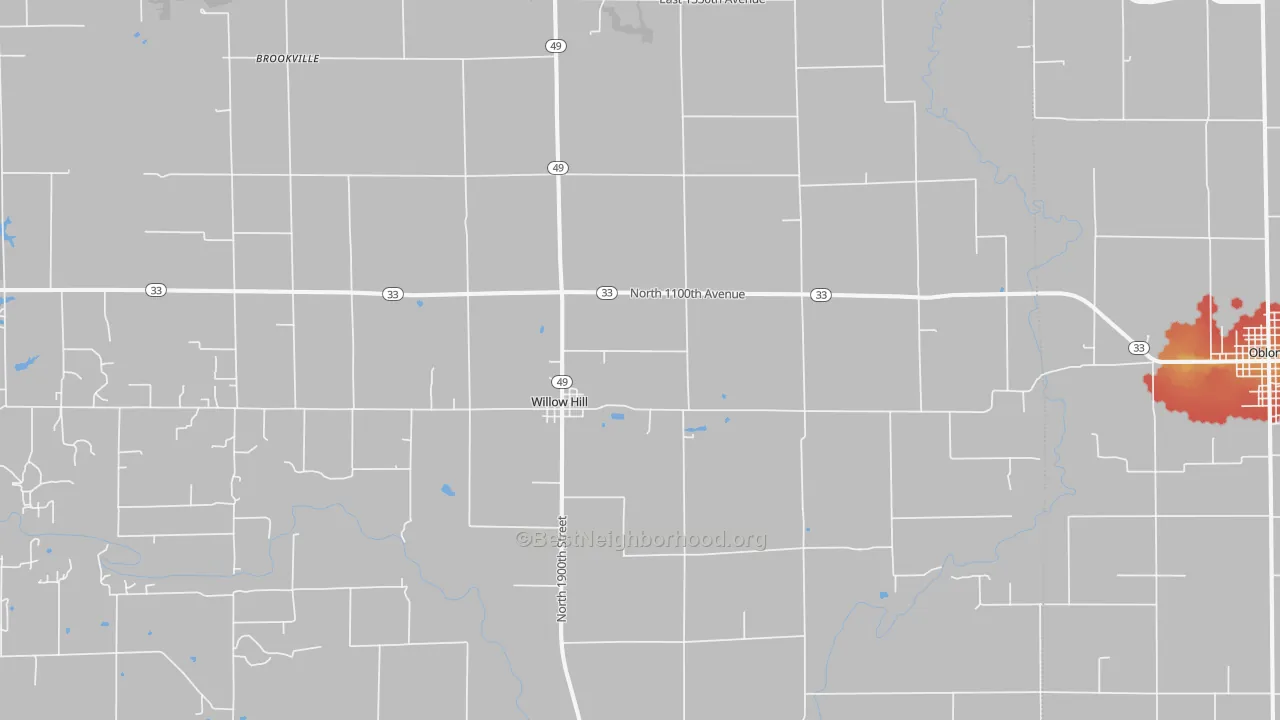 Walk Grade map of 62480, IL, walkable areas in green and car-dependent areas in red
