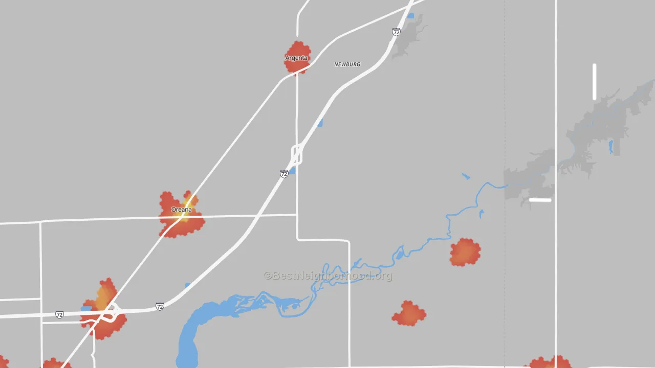 Walk Grade map of 62501, IL, walkable areas in green and car-dependent areas in red