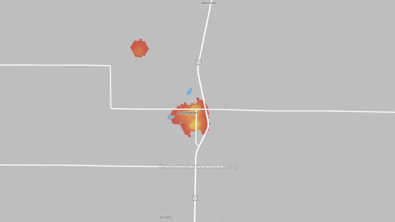 Walk Grade map of 62510, IL, walkable areas in green and car-dependent areas in red