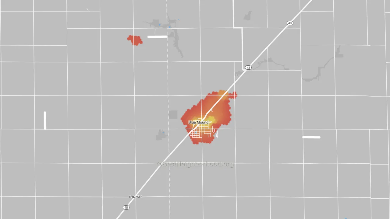 Walk Grade map of 62513, IL, walkable areas in green and car-dependent areas in red