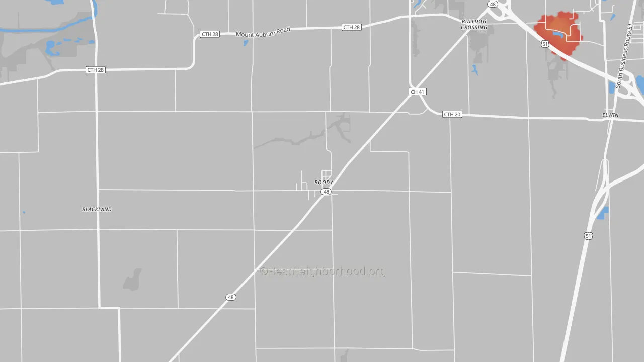Walk Grade map of 62514, IL, walkable areas in green and car-dependent areas in red