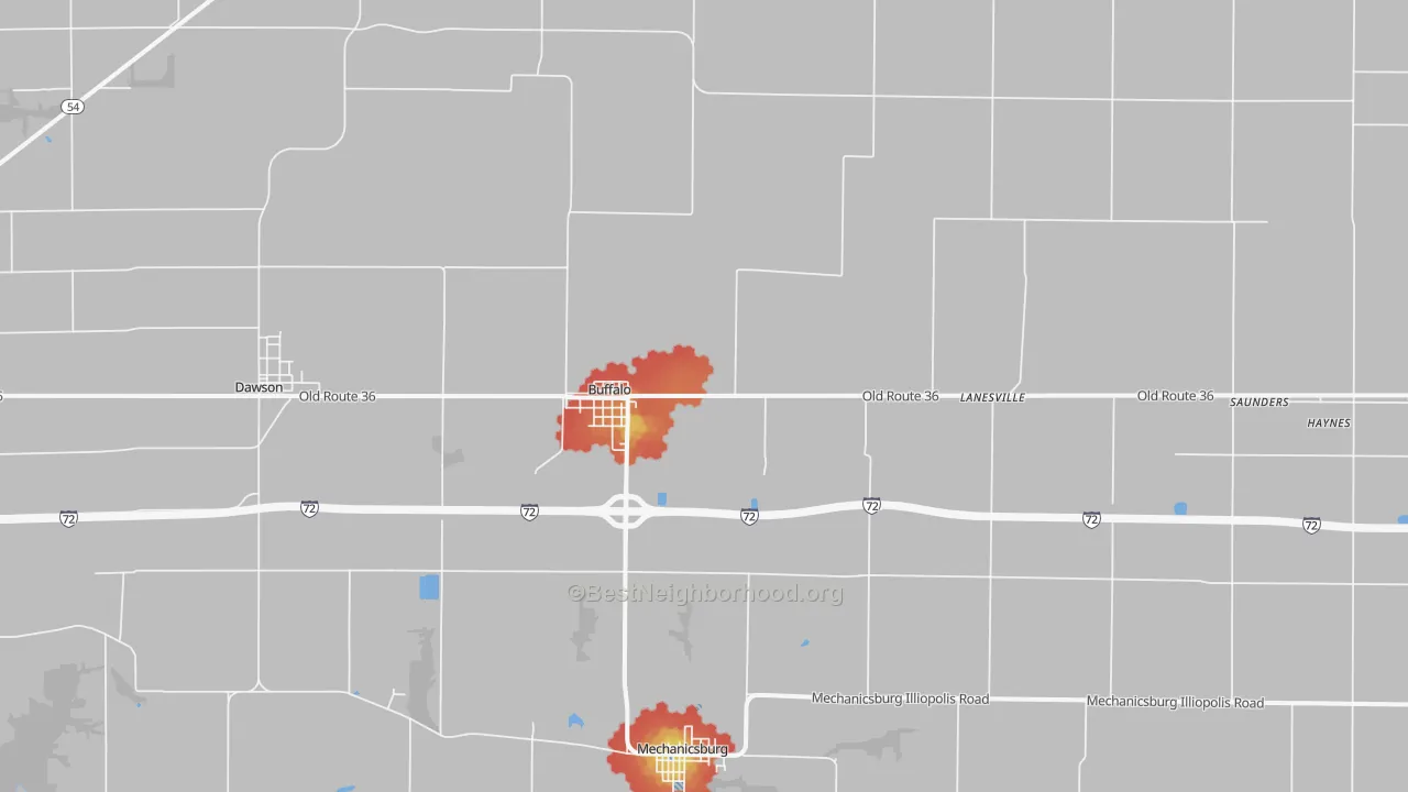 Walk Grade map of 62515, IL, walkable areas in green and car-dependent areas in red