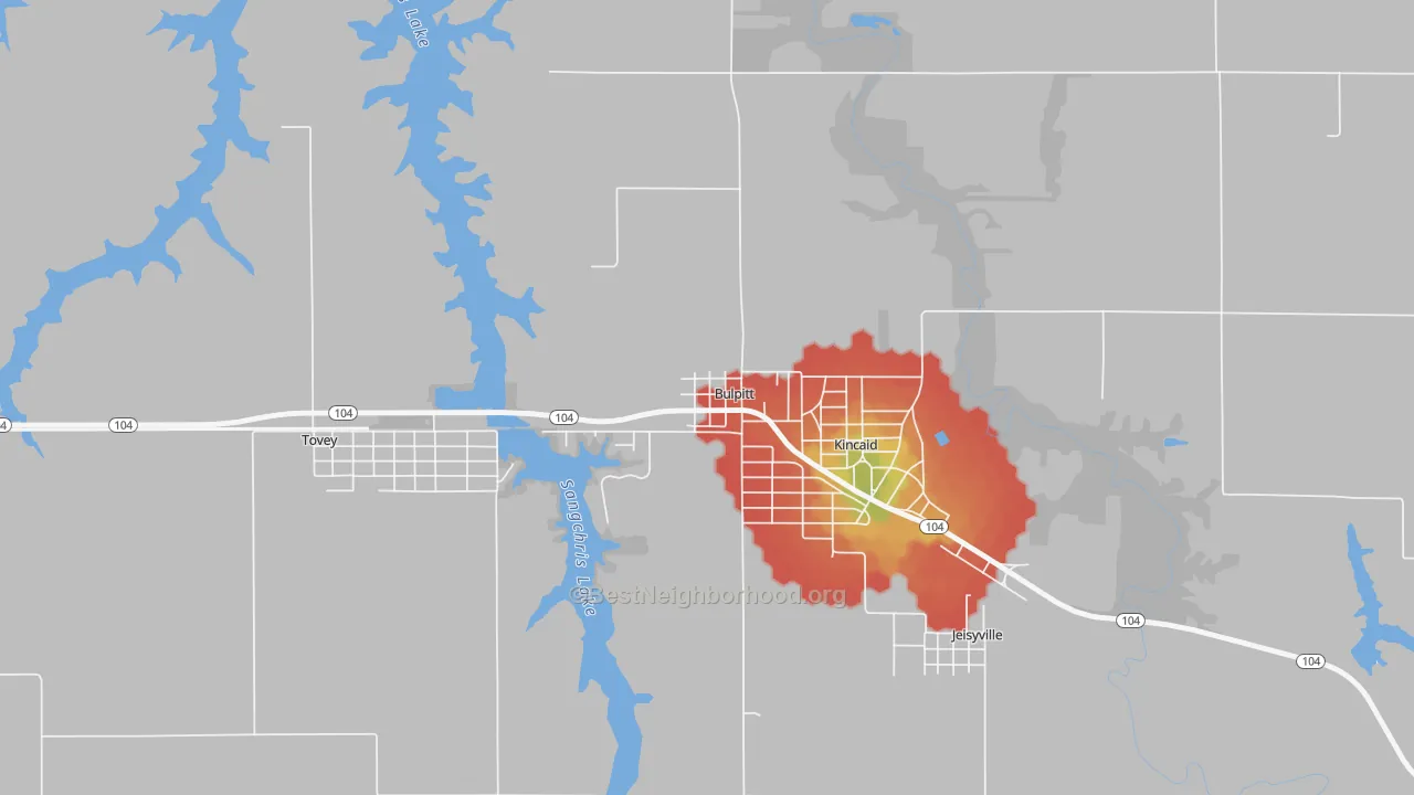 Walk Grade map of 62517, IL, walkable areas in green and car-dependent areas in red