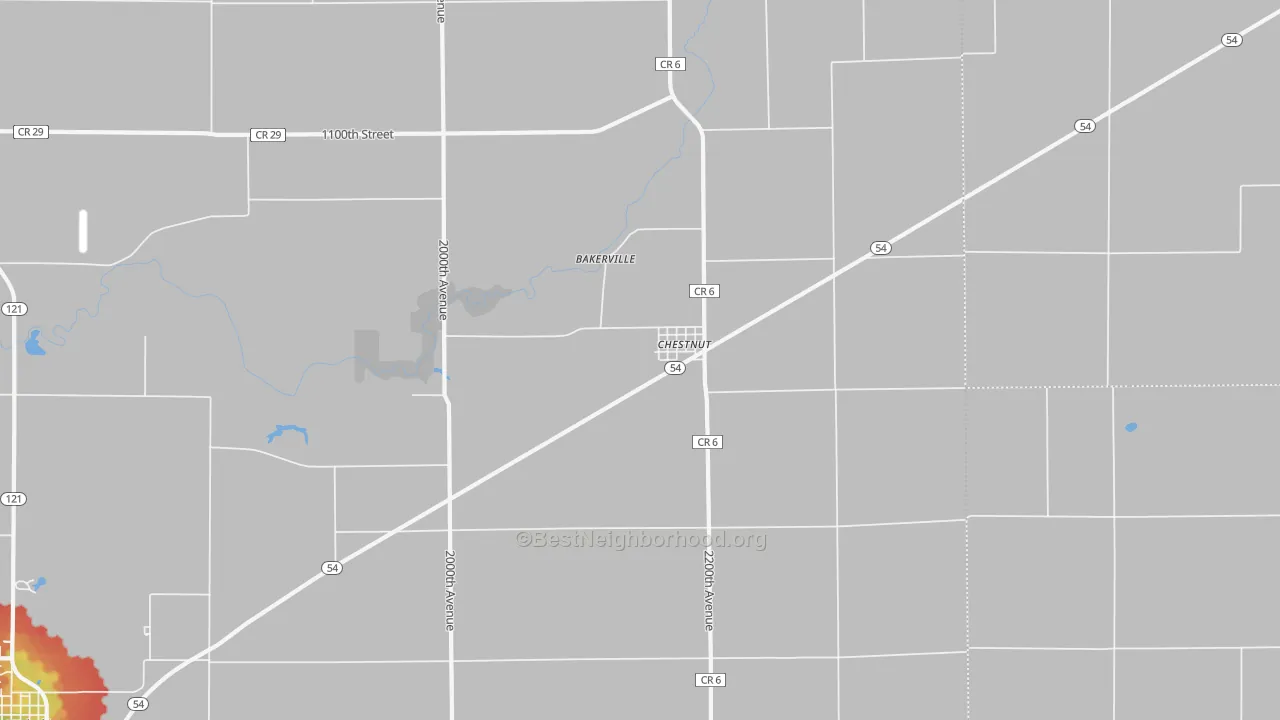 Walk Grade map of 62518, IL, walkable areas in green and car-dependent areas in red