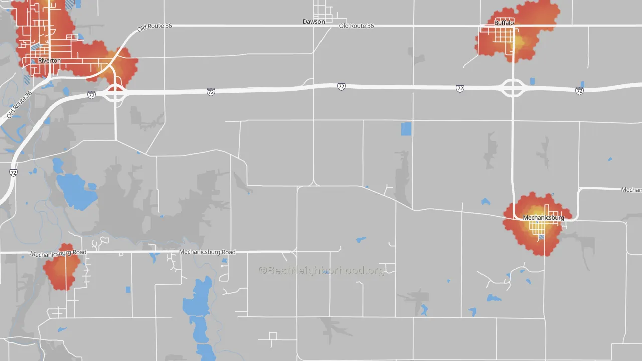 Walk Grade map of 62520, IL, walkable areas in green and car-dependent areas in red