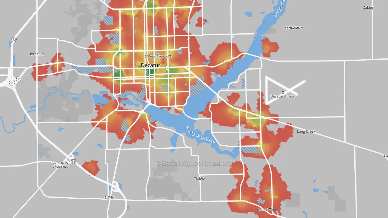 Walk Grade map of 62521, IL, walkable areas in green and car-dependent areas in red