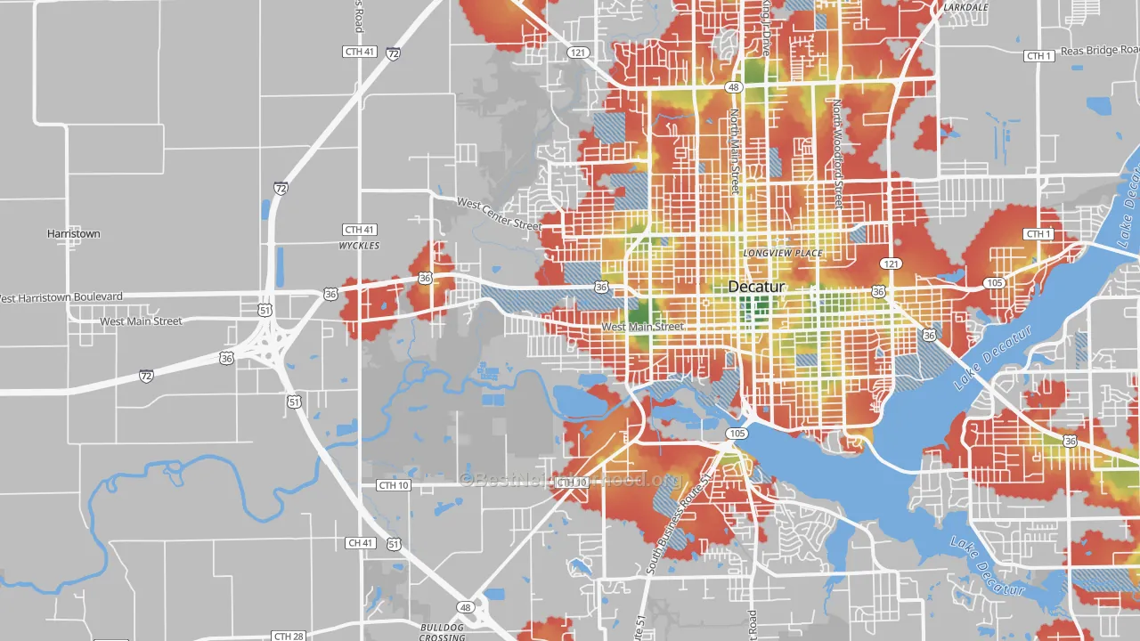 Walk Grade map of 62522, IL, walkable areas in green and car-dependent areas in red