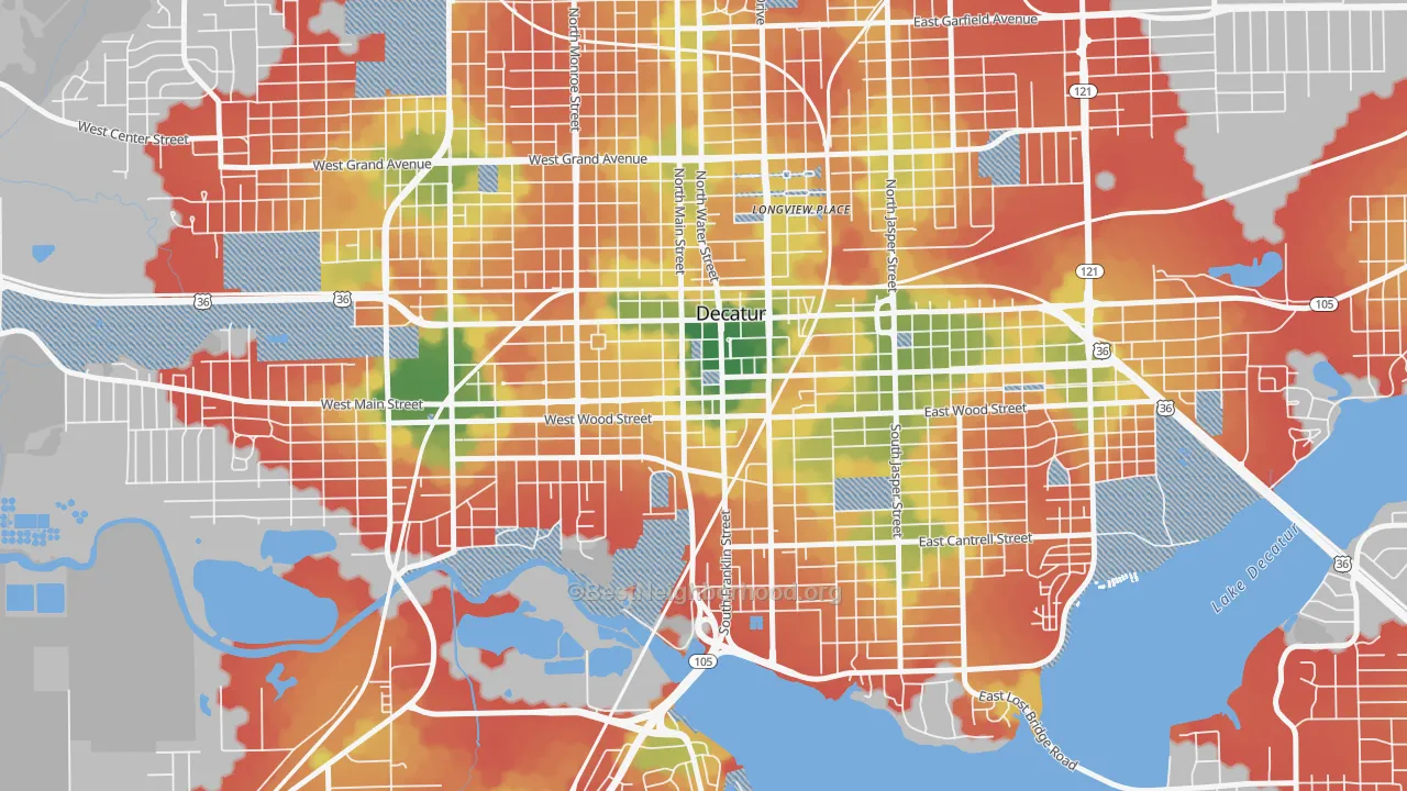 Walk Grade map of 62523, IL, walkable areas in green and car-dependent areas in red