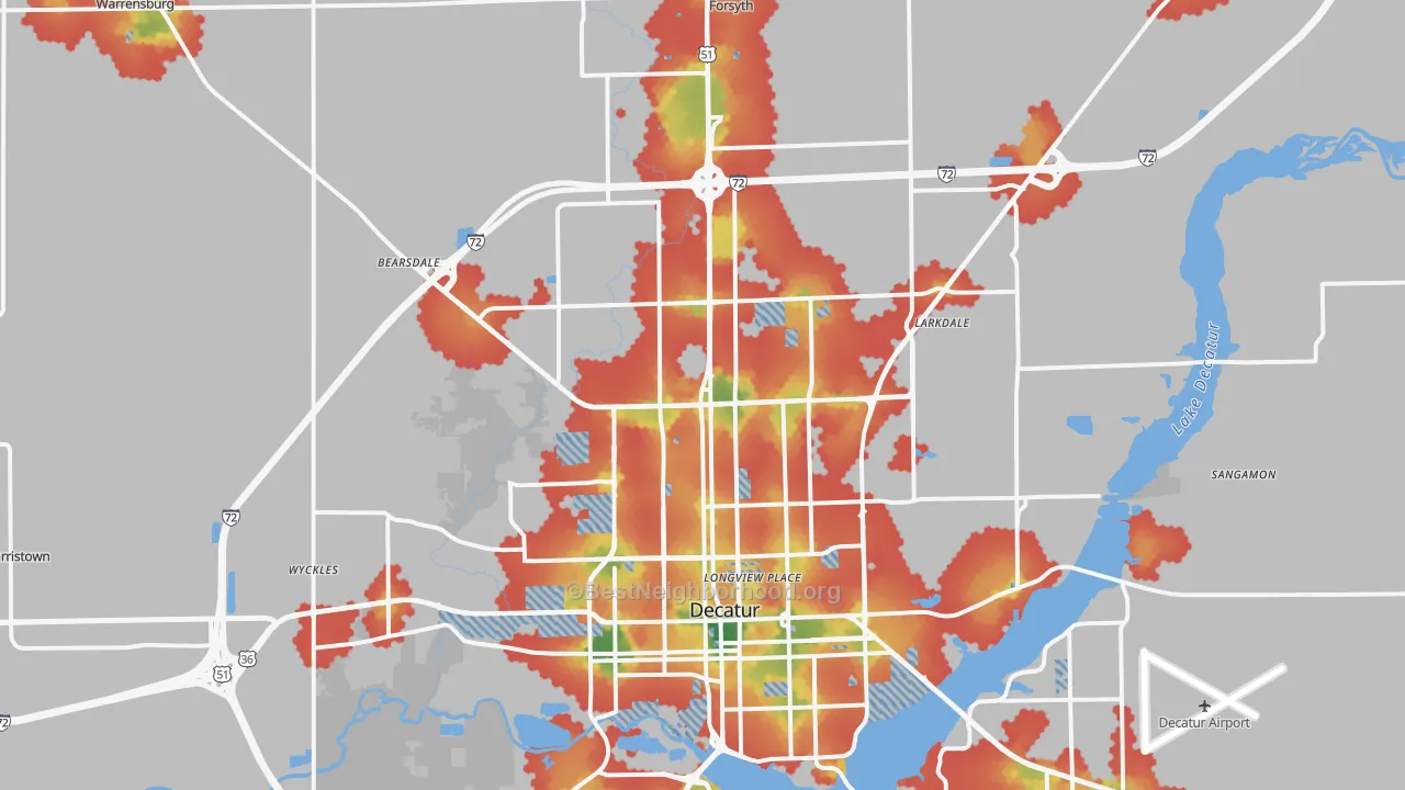Walk Grade map of 62526, IL, walkable areas in green and car-dependent areas in red