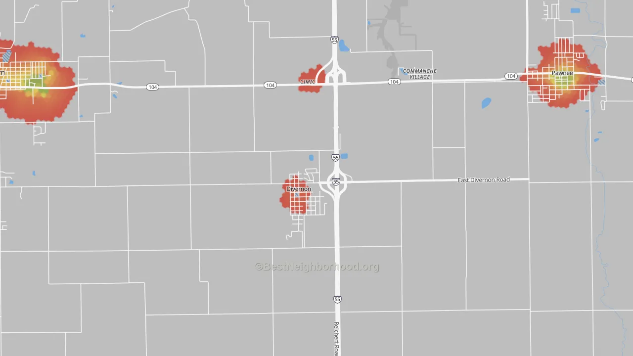Walk Grade map of 62530, IL, walkable areas in green and car-dependent areas in red