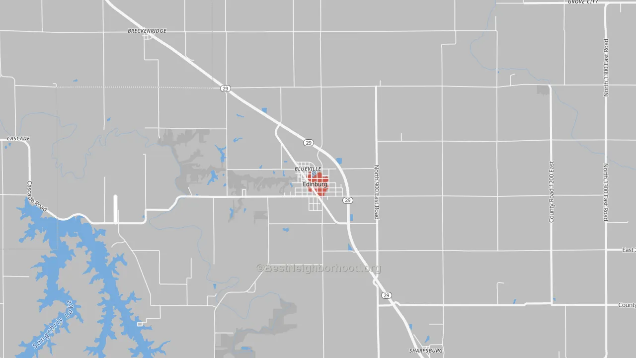 Walk Grade map of 62531, IL, walkable areas in green and car-dependent areas in red